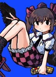 Rule 34 | 1girl, black eyes, black necktie, black skirt, black wings, blue background, brown hair, cellphone, checkered clothes, checkered skirt, closed mouth, collared shirt, dade ne, frilled shirt collar, frills, hat, highres, himekaidou hatate, holding, holding phone, looking at viewer, necktie, phone, purple skirt, shirt, short sleeves, sidelocks, simple background, skirt, solo, tokin hat, touhou, twintails, v, white shirt, wings