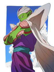 Rule 34 | 1boy, armpit crease, black eyes, blue sash, blue sky, border, cape, cape lift, closed mouth, clothes lift, cloud, cloudy sky, colored skin, crossed arms, cumulonimbus cloud, day, dragon ball, dragonball z, feet out of frame, fingernails, from side, green skin, grey outline, light smile, looking down, male focus, muscular, muscular male, no eyebrows, obi, outdoors, outline, pants, piccolo, pointy ears, profile, purple pants, sash, sharp fingernails, shoulder pads, sideways glance, sky, standing, taida (mskc2848), turban, white border, white cape