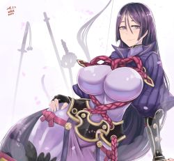 Rule 34 | 1girl, b.d, black gloves, bodysuit, bow (weapon), breasts, covered navel, fate/grand order, fate (series), fingerless gloves, gloves, highres, katana, large breasts, loincloth, long hair, low-tied long hair, minamoto no raikou (fate), parted bangs, purple bodysuit, purple eyes, purple hair, ribbed sleeves, rope, smile, solo, sword, very long hair, weapon, wide hips