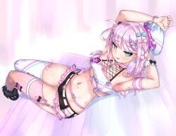 Rule 34 | 1girl, armband, armpits, belt, black shorts, blue eyes, blush, bow, breasts, crop top, earrings, fang, fatwave, female focus, full body, garter straps, hair bow, hair ornament, hair rings, hairclip, hat, heart, heart earrings, highres, jewelry, medium breasts, mole, nail polish, navel, open mouth, pink hair, shorts, solo, thigh gap, thighhighs, tulsi nightmare, vee (vtuber), virtual youtuber, white belt