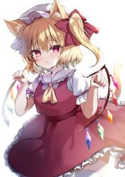 Rule 34 | 1girl, absurdres, animal ears, ascot, backlighting, blouse, blurry, blush, bow, cat ears, cat tail, closed mouth, commentary request, cowboy shot, crystal, depth of field, flandre scarlet, frilled shirt collar, frilled skirt, frilled sleeves, frills, hair between eyes, hair bow, hat, hat ribbon, highres, honoka chiffon, kemonomimi mode, looking at viewer, medium hair, mob cap, multicolored wings, paw pose, puffy short sleeves, puffy sleeves, red bow, red eyes, red ribbon, red skirt, red vest, ribbon, shirt, short sleeves, side ponytail, simple background, skirt, skirt set, solo, tail, thighhighs, touhou, vest, white background, white hat, white shirt, white thighhighs, wings, yellow ascot, yellow tail