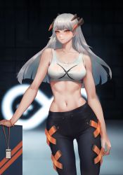 Rule 34 | 1girl, arknights, bare shoulders, blunt bangs, blush, breasts, closed mouth, collarbone, commentary request, cowboy shot, crop top, curled horns, female focus, highres, horns, jangsunyo, light smile, long hair, looking at viewer, medium breasts, medium hair, midriff, navel, orange eyes, pants, saria (arknights), silver hair, simple background, sleeveless, smile, solo, standing, stomach, sweat, thigh gap, thighs, wet, wet clothes