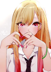 Rule 34 | 1girl, black necktie, blonde hair, blush, bracelet, collared shirt, commentary request, earrings, fake nails, gradient hair, hachimitsu hinako, hands up, heart, heart hands, jewelry, kitagawa marin, long hair, looking at viewer, multicolored hair, nail polish, necktie, pink nails, red eyes, red hair, ring, shirt, solo, sono bisque doll wa koi wo suru, upper body, white shirt