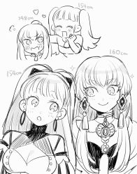 Rule 34 | 2girls, age progression, blunt bangs, blush, breasts, cleavage, closed eyes, closed mouth, doyagao, earrings, female focus, fire emblem, fire emblem: three houses, greyscale, hair ornament, hand on another&#039;s head, headpat, height conscious, height difference, hilda valentine goneril, hoop earrings, jewelry, large breasts, long hair, lysithea von ordelia, monochrome, multiple girls, multiple views, nintendo, onigiri kue, open mouth, ponytail, simple background, smile, smug, twintails, white background