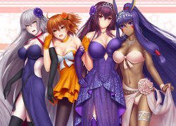 Rule 34 | 4girls, :d, ahoge, alternate costume, animal ears, armlet, asymmetrical docking, bare shoulders, bikini, black gloves, black legwear, blush, bow, breast press, breasts, choker, cleavage, closed mouth, clothes lift, collarbone, covered navel, dark-skinned female, dark skin, dress, earrings, elbow gloves, facial mark, fate/grand order, fate (series), flower, fujimaru ritsuka (female), fujimaru ritsuka (female) (starlight fest), gloves, hair flower, hair ornament, hand on own hip, head tilt, hoop earrings, jeanne d&#039;arc (fate), jeanne d&#039;arc alter (avenger) (fate), jeanne d&#039;arc alter (fate), jewelry, large bow, large breasts, layered dress, leaning forward, lifting own clothes, long hair, looking at viewer, low-tied long hair, masatoki, medium breasts, midriff, multiple girls, navel, necklace, nitocris (fate), nitocris (swimsuit assassin) (third ascension) (fate), official alternate costume, one side up, open mouth, orange choker, orange dress, orange eyes, orange gloves, orange hair, pale skin, pantyhose, pink eyes, pink hair, purple dress, purple eyes, purple gloves, purple hair, ribbon choker, sarong, sarong lift, scathach (fate), scathach (formal dress) (fate), sidelocks, silver hair, smile, star (symbol), starry background, stomach, strapless, strapless dress, swimsuit, thigh strap, thighhighs, tiara, very long hair, white bikini, white bow, wristband, yellow eyes