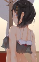 Rule 34 | 10s, 1girl, ahoge, back, bare arms, bare shoulders, barefoot, blue eyes, blush, braid, breasts, brown hair, camisole, closed mouth, curtains, from behind, hair flaps, hair ornament, hair over shoulder, hairpin, indoors, kantai collection, long hair, looking back, medium breasts, nipples, see-through, shigure (kancolle), shigure kai ni (kancolle), sideboob, single braid, solo, spaghetti strap, spirytus tarou, underwear, underwear only