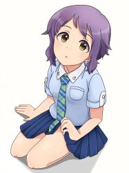 Rule 34 | 1girl, :o, arm support, blue shirt, blue skirt, breast pocket, breasts, checkered necktie, clothes lift, commentary, dot nose, idolmaster, idolmaster million live!, legs, lifted by self, looking at viewer, looking up, makabe mizuki, megaheart, necktie, pleated skirt, pocket, purple hair, seiza, shirt, short hair, short sleeves, sidelocks, sitting, skirt, skirt lift, small breasts, solo, thighs, wavy hair, white background, wing collar, yellow eyes