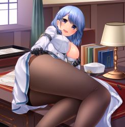Rule 34 | 1girl, azur lane, black gloves, blue eyes, blue hair, blush, book, breasts, chapayev (azur lane), clothes pull, dress pull, gloves, hair ornament, hairclip, hat, indoors, jacket, large breasts, lifted by self, looking at viewer, lying, military hat, mole, mole on breast, on side, on table, pantyhose, peaked cap, pulled by self, short hair, smile, solo, table, thighs, unworn hat, unworn headwear, white hat, white jacket, window, yoyomura