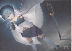 Rule 34 | 10s, 1girl, absurdres, belt, blue eyes, blue hair, cape, crease, gloves, highres, magical girl, mahou shoujo madoka magica, mahou shoujo madoka magica (anime), matching hair/eyes, miki sayaka, official art, scan, scan artifacts, shaft (company), short hair, skirt, solo, soul gem, sword, tears, thighhighs, weapon, white gloves