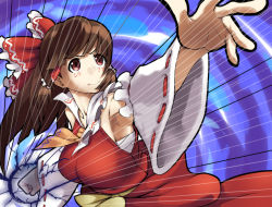 Rule 34 | 1girl, armpits, bad id, bad pixiv id, blush, breasts, brown eyes, brown hair, clenched hand, collarbone, cookie (touhou), detached sleeves, glowing, glowing fist, hakurei reimu, kanna (cookie), large breasts, long hair, majin (marcia), sarashi, serious, solo, touhou, wide sleeves