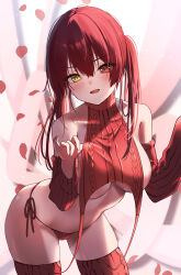 Rule 34 | 1girl, absurdres, alternate costume, blush, breasts, detached sleeves, falling petals, fang, garter straps, hair between eyes, hands up, heterochromia, highres, hololive, houshou marine, large breasts, leaning forward, long hair, looking at viewer, meme attire, nisi ki no, open mouth, panties, petals, red eyes, red hair, red panties, red petals, red ribbon, red sweater, red thighhighs, ribbed sweater, ribbon, side-tie panties, skindentation, solo, sweater, thighhighs, turtleneck, turtleneck sweater, twintails, underwear, virgin destroyer sweater, virtual youtuber, yellow eyes