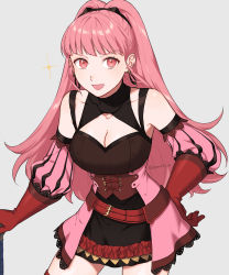Rule 34 | 1girl, axe, belt, black dress, black hairband, breasts, cleavage, commentary request, corset, detached sleeves, dress, earrings, fire emblem, fire emblem: three houses, gloves, grey background, hairband, hand on own hip, highres, hilda valentine goneril, holding, holding axe, holding weapon, hoop earrings, jewelry, long hair, looking at viewer, medium breasts, nintendo, open mouth, peach11 01, pink dress, pink eyes, pink hair, pink sleeves, red belt, red gloves, simple background, smile, solo, twitter username, two-tone dress, weapon