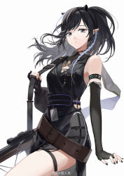 Rule 34 | 1girl, arknights, armlet, artist name, belt, belt buckle, black gloves, black hair, black nails, black panties, blacknight (arknights), blue hair, braid, breasts, brown eyes, buckle, cleavage, closed mouth, cowboy shot, dress, earrings, elbow gloves, eyebrow piercing, fingerless gloves, gloves, gun, highres, horns, jewelry, long hair, looking at viewer, lurenzhi, medium breasts, multicolored hair, nail polish, panties, partially fingerless gloves, piercing, pointy ears, rifle, sash, side braid, simple background, single earring, sleeveless, sleeveless dress, sniper rifle, solo, swept bangs, thigh strap, two-tone hair, underwear, weapon, weibo watermark, white background