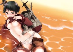 Rule 34 | 10s, 1girl, belt, black eyes, black hair, blush, breasts, clothes lift, clothes pull, kantai collection, mogami (kancolle), mouth hold, mozu (peth), nipples, open belt, partially undressed, personification, school uniform, shirt lift, short hair, shorts, shorts pull, small breasts, solo, water, wet