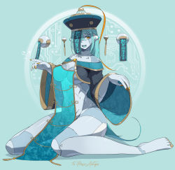 Rule 34 | 1girl, android, bare shoulders, barefoot, blue hair, breasts, commission, fang, hat, highres, jiangshi, long hair, medium breasts, nail polish, ofuda, on floor, original, qingdai guanmao, sidelocks, sitting, skeb commission, solo, stitches, ub1mo, very long hair, wide sleeves, yellow eyes, yellow nails
