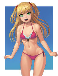 Rule 34 | 10s, 1girl, arms at sides, bare arms, bare shoulders, beads, bikini, blonde hair, blue background, blunt bangs, blush, border, breasts, collarbone, cowboy shot, frilled bikini, frills, green eyes, hair beads, hair ornament, idolmaster, idolmaster cinderella girls, jougasaki rika, lasterk, legs apart, long hair, looking at viewer, navel, open mouth, pink bikini, pink ribbon, ribbon, round teeth, side-tie bikini bottom, simple background, small breasts, smile, solo, standing, stomach, swimsuit, teeth, two side up, white border, wrists extended