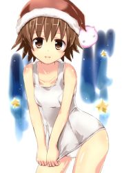 Rule 34 | 10s, 1girl, brown eyes, brown hair, clothes pull, hat, highres, naka (cheeseyeast), one-piece swimsuit, one-piece swimsuit pull, santa hat, sawatari fuu, school swimsuit, shiny clothes, short hair, solo, swimsuit, tamayura, white one-piece swimsuit, white school swimsuit