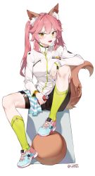 Rule 34 | 1girl, absurdres, animal ear fluff, animal ears, ball, bike shorts, black shorts, blue footwear, blue nails, blush, breasts, brown eyes, can, commentary request, fangs, fate/extra, fate (series), fingernails, fox ears, fox girl, fox tail, full body, garin, green socks, hair between eyes, highres, holding, holding can, long hair, long sleeves, looking at viewer, medium breasts, multicolored nails, nail polish, open mouth, pink hair, purple nails, shoes, short shorts, shorts, sidelocks, sitting, socks, solo, tail, tail raised, tamamo (fate), tamamo no mae (fate/extra), towel, twintails, twitter username, very long hair, white background, white hair
