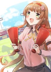 Rule 34 | 1girl, blue sky, blunt bangs, brown hair, cloud, commentary request, day, green eyes, hairband, helena (kancolle), kantai collection, long hair, megaphone, neck ribbon, official alternate costume, outdoors, pink shirt, red hairband, ribbon, shirt, sky, smile, solo, yamashichi (mtseven), yellow ribbon