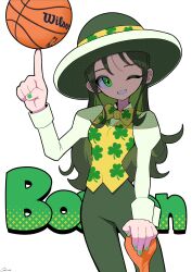 Rule 34 | 1girl, animification, balancing ball, balancing on finger, ball, basketball (object), boston celtics, bow, bowler hat, bowtie, breasts, cane, clover print, colored inner hair, commentary, cowboy shot, english commentary, english text, green eyes, green hair, green hat, green nails, green pants, grin, hat, highres, juliet sleeves, long hair, long sleeves, looking at viewer, lucky the leprechaun, multicolored hair, nail polish, national basketball association, one eye closed, ozido, pants, product placement, puffy sleeves, shirt, signature, simple background, small breasts, smile, solo, standing, vest, white background, white shirt, wilson sporting goods, yellow bow, yellow bowtie, yellow vest