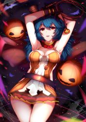 Rule 34 | 10s, 1girl, armpits, arms up, belt, belt skirt, black gloves, blue hair, cowboy shot, dress, erune, ferry (granblue fantasy), ferry (halloween) (granblue fantasy), gloves, gluteal fold, granblue fantasy, halloween, halloween costume, jack-o&#039;-lantern, kameponde, long hair, looking at viewer, lying, neck ribbon, on back, parted lips, red eyes, red ribbon, ribbon, rope, smile, solo