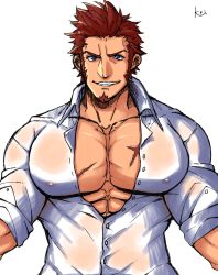 Rule 34 | 1boy, abs, alternate pectoral size, bara, blue eyes, brown hair, bursting pectorals, collar, covered erect nipples, facial hair, fate/grand order, fate (series), goatee, highres, imminent hug, k ei3k, large pectorals, long sideburns, looking at viewer, male focus, muscular, napoleon bonaparte (fate), open clothes, open shirt, pectoral cleavage, pectorals, pov, scar, see-through, sideburns, smile, solo, unbuttoned