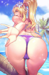 Rule 34 | 1girl, :d, absurdres, ass, bare shoulders, beach, bent over, bikini, blonde hair, blue eyes, blue sky, breasts, cameltoe, cloud, commentary, dantewontdie, day, flower, from behind, granblue fantasy, hair flower, hair ornament, hair ribbon, highres, jeanne d&#039;arc (granblue fantasy), large breasts, leaning forward, lily (flower), long hair, looking at viewer, looking back, open mouth, outdoors, palm tree, ponytail, purple bikini, ribbon, side-tie bikini bottom, skindentation, sky, smile, solo, standing, swimsuit, teeth, thong, thong bikini, tree, water, wet