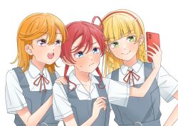Rule 34 | 3girls, absurdres, blonde hair, blue eyes, blunt bangs, blush, catchu! (love live!), cellphone, collarbone, collared shirt, commentary request, dress, green eyes, grey dress, hair between eyes, hairband, hand on another&#039;s shoulder, hand up, heanna sumire, highres, holding, holding phone, long hair, looking at phone, love live!, love live! superstar!!, medium hair, multiple girls, neck ribbon, open mouth, orange hair, orange hairband, phone, pinafore dress, purple eyes, red hair, red ribbon, ribbon, school uniform, selfie, shibuya kanon, shirt, short sleeves, sleeveless, sleeveless dress, smartphone, smile, standing, summer uniform, sweatdrop, teeth, upper body, upper teeth only, v-shaped eyebrows, wabe417, white background, white shirt, yoneme mei, yuigaoka school uniform
