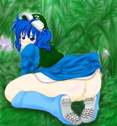 Rule 34 | 1girl, anus, ass, backpack, bag, blush, boots, censored, flower, grass, hair ornament, hat, highres, kawashiro nitori, looking at viewer, mitsuwo, no panties, no pants, outdoors, pussy, sitting, solo, thick thighs, thighs, touhou, wavy mouth