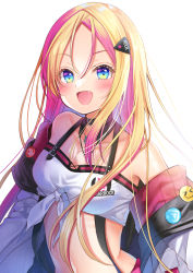 Rule 34 | 1girl, :d, absurdres, bare shoulders, black choker, blonde hair, blue eyes, choker, crop top, fang, front-tie top, hair ornament, hairclip, highres, indie virtual youtuber, jacket, long hair, looking at viewer, midriff, multicolored hair, navel, off shoulder, open clothes, open jacket, open mouth, parted bangs, pink hair, shirt, simple background, sleeveless, sleeveless shirt, smile, solo, stomach, sugarock, two-tone hair, upper body, virtual youtuber, white background, white jacket, white shirt, yoshida iyo