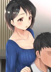 Rule 34 | 10s, 1boy, 1girl, aged up, black hair, blush, breasts, cleavage, collarbone, commentary request, formal, hair ornament, hairclip, idolmaster, idolmaster cinderella girls, medium breasts, nicovideo, open mouth, producer (idolmaster), red eyes, sasaki chie, second-party source, sg (esujii), short hair, sketch, smile, suit, sweat