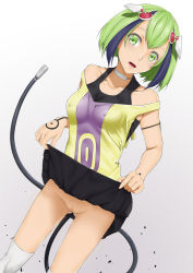 Rule 34 | 1059, 10s, 1girl, android, arm strap, bare arms, black skirt, blush, boots, cleft of venus, clothes lift, cowboy shot, dimension w, dress, dress lift, dutch angle, gluteal fold, green eyes, green hair, headgear, highres, lifting own clothes, matching hair/eyes, miniskirt, multicolored hair, no panties, nude filter, open mouth, pussy, self exposure, short hair, skirt, skirt lift, sleeveless, sleeveless dress, slip, solo, standing, strap, streaked hair, tail, third-party edit, two-tone hair, uncensored, yurizaki mira