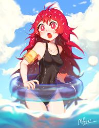 Rule 34 | 1girl, black one-piece swimsuit, blue sky, blush, breasts, bright pupils, cloud, cloudy sky, covered navel, cowboy shot, dated, flaky (happy tree friends), happy tree friends, highres, innertube, long hair, mary felizola, medium breasts, one-piece swimsuit, open mouth, personification, red eyes, red hair, signature, sky, solo, swim ring, swimsuit, very long hair, water, white pupils