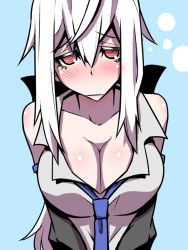 Rule 34 | 1girl, blouse, blush, bow, breasts, cleavage, commentary, detached sleeves, frown, grey shirt, hair between eyes, hair bow, jin (mugenjin), large breasts, long hair, looking at viewer, loose clothes, loose necktie, loose shirt, necktie, red eyes, shirt, sidelocks, simple background, solo, upper body, vocaloid, white hair, yowane haku