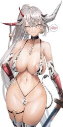 Rule 34 | 1girl, animal ears, animal print, areola slip, asymmetrical horns, azur lane, bare shoulders, bikini, blush, breasts, choker, cleavage, closed mouth, collarbone, cow ears, cow girl, cow print, cow print bikini, cow tail, cowboy shot, ear tag, earrings, elbow gloves, gloves, grey eyes, grey hair, groin, hair between eyes, hakuryuu (azur lane), hand on own hip, highleg, highleg bikini, highres, holding, holding sword, holding weapon, horns, jewelry, large breasts, long hair, looking at viewer, mole, mole on breast, navel, ponytail, print bikini, print swimsuit, red horns, simple background, skindentation, smile, solo, standing, stomach, string bikini, sweatdrop, swimsuit, sword, tail, thigh strap, thighhighs, thighs, very long hair, weapon, white background, yusha m