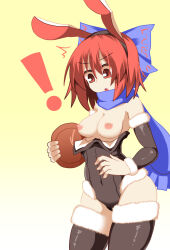Rule 34 | !, 1girl, accidental exposure, alternate costume, animal ears, black leotard, black sleeves, black thighhighs, blue bow, blue scarf, blush, bow, breasts, commentary request, contrapposto, covered navel, cowboy shot, detached sleeves, fake animal ears, fur-trimmed leotard, fur-trimmed sleeves, fur-trimmed thighhighs, fur trim, gradient background, hair between eyes, hair bow, highres, holding, holding tray, honyaa (honya--1123), leotard, looking down, medium breasts, nipples, playboy bunny, rabbit ears, red eyes, red hair, scarf, sekibanki, short hair, solo, strapless, strapless leotard, thighhighs, touhou, tray, yellow background