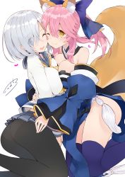 Rule 34 | 10s, 2girls, ;), ;d, absurdres, animal ears, bad id, bad twitter id, bare shoulders, black legwear, blue eyes, blue thighhighs, blush, breast press, breasts, cheek-to-cheek, cleavage, commentary request, crossover, detached collar, detached sleeves, eyes visible through hair, fate/extra, fate (series), female focus, fox ears, fox tail, hair between eyes, hair ornament, hair over one eye, hair ribbon, hairclip, hamakaze (kancolle), happy, heads together, heart, highres, hug, japanese clothes, kantai collection, kneeling, kou mashiro, large breasts, long hair, looking at viewer, looking back, multiple girls, neckerchief, one eye closed, open mouth, panties, panties under pantyhose, pantyhose, pink hair, pleated skirt, ponytail, ribbon, school uniform, serafuku, short hair, signature, silver hair, simple background, skirt, smile, strapless, striped clothes, striped panties, symmetrical docking, tail, tamamo (fate), tamamo no mae (fate/extra), thighhighs, underwear, white background, white panties, wince, wink, yellow eyes, yuri