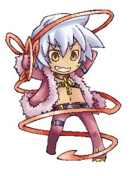 Rule 34 | 1girl, atlus, belt, character request, dark-skinned male, dark hunter, dark hunter 3, dark skin, etrian odyssey, fur trim, grin, lowres, midriff, navel, pote (ptkan), silver hair, simple background, smile, solo, sweatdrop, white background, yellow eyes