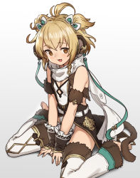 Rule 34 | 1girl, andira (granblue fantasy), animal ears, blonde hair, blush, breasts, brown eyes, erune, granblue fantasy, highres, houtengeki, looking at viewer, monkey ears, monkey girl, monkey tail, open mouth, short hair, sitting, small breasts, solo, tail, thighs, wariza