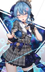 Rule 34 | 1girl, absurdres, anger vein, belt, beret, black gloves, blue eyes, blue hair, blush, bow, bracelet, breasts, buckle, buttons, choker, crown, dress, gloves, grey hat, hair between eyes, hair ornament, hat, highres, holding, holding microphone, hololive, hoshimachi suisei, hoshimachi suisei (1st costume), jewelry, kerchief, looking at viewer, medium hair, microphone, mini crown, open mouth, partially fingerless gloves, plaid, plaid dress, plaid headwear, pointing, pointing at viewer, ribbon, shirt, side ponytail, sky, sleeve cuffs, small breasts, solo, star (sky), star (symbol), star choker, starry sky, virtual youtuber, yakimi 27
