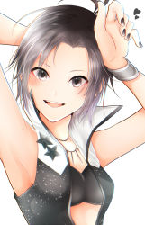 Rule 34 | 1girl, :d, antenna hair, armpits, bandeau, black bandeau, black eyes, black hair, black nails, black vest, blush, hair strand, hands on own head, hands up, heart, highres, idolmaster, idolmaster (classic), jewelry, kikuchi makoto, looking at viewer, midriff, mochimsu46, nail polish, necklace, open mouth, popped collar, short hair, simple background, smile, solo, star (symbol), upper body, vest, white background