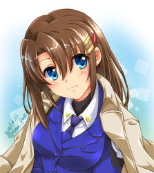 Rule 34 | 1girl, artist name, blue eyes, blue necktie, blush, breasts, brown hair, closed mouth, dated, hair ornament, highres, looking at viewer, lyrical nanoha, mahou shoujo lyrical nanoha strikers, medium breasts, military, military uniform, necktie, san-pon, shiny skin, smile, solo, uniform, upper body, x hair ornament, yagami hayate