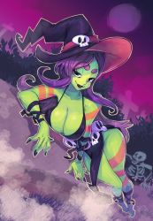 Rule 34 | black lips, breasts, cleavage, colored skin, green skin, hat, lipstick, long hair, lying, makeup, moon, nail polish, purple hair, rafchu, skeleton, skull, smile, solo, tattoo, tombstone, witch hat