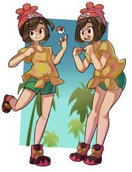 Rule 34 | 1girl, :d, bare legs, beanie, border, brown eyes, brown hair, closed mouth, commentary, creatures (company), floral print, full body, game freak, green shorts, hat, highres, kurt robinson, leg up, looking at viewer, multiple views, nintendo, open mouth, outside border, palm tree, poke ball, poke ball (basic), pokemon, pokemon sm, red headwear, selene (pokemon), shirt, shoes, short shorts, short sleeves, shorts, smile, sneakers, standing, standing on one leg, t-shirt, teeth, tied shirt, tongue, tree, upper teeth only, white border