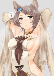 Rule 34 | 10s, 1girl, animal ears, armpits, bare back, breasts, cape, detached sleeves, erune, gachou, granblue fantasy, grey eyes, grey hair, hair ornament, halterneck, lips, long sleeves, looking at viewer, md5 mismatch, mole, mole under mouth, short hair, solo, stella (granblue fantasy), sutera (granblue fantasy)