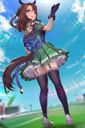 Rule 34 | 1girl, animal ears, back bow, black gloves, black thighhighs, bow, brown hair, commentary request, dress, ear covers, forehead, frilled thighhighs, frills, from below, garter straps, gloves, grass, green bow, green dress, hair bow, high heels, highres, horse ears, horse girl, horse tail, king halo (umamusume), long hair, looking back, orange eyes, pinstripe dress, pinstripe pattern, sky, solo, striped, tadano magu, tail, thighhighs, umamusume, white footwear, zettai ryouiki