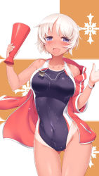 Rule 34 | 1girl, :d, blue eyes, blue one-piece swimsuit, blush, breasts, collarbone, competition swimsuit, covered navel, cowboy shot, gluteal fold, highres, jacket, jewelry, large breasts, legs together, looking at viewer, m-da s-tarou, necklace, off shoulder, one-piece swimsuit, one-piece tan, open mouth, original, parted bangs, pocket, short hair, smile, solo, standing, swimsuit, swimsuit under clothes, tan, tanline, track jacket, wet, whistle, white hair, wristband