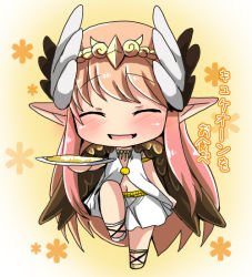 Rule 34 | 1girl, :d, ^ ^, blush, brown wings, chibi, circe (fate), closed eyes, commentary request, dress, facing viewer, fate/grand order, fate (series), feathered wings, full body, head wings, headpiece, holding, long hair, navel, open mouth, oshiruko (uminekotei), pink hair, pleated skirt, skirt, smile, solo, standing, standing on one leg, translation request, very long hair, white dress, white skirt, white wings, wings