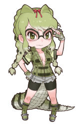 Rule 34 | 1girl, boots, closed mouth, fingerless gloves, glasses, gloves, green eyes, green hair, highres, jacket, kemono friends, leggings, long hair, looking at viewer, official art, ribbon, shirt, shorts, simple background, solo, spectacled caiman (kemono friends), tachi-e, tail, yoshizaki mine