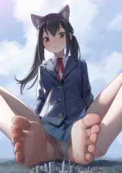 Rule 34 | 1girl, absurdres, animal ear fluff, animal ears, bare legs, barefoot, black hair, blazer, blue jacket, blue skirt, cat ears, closed mouth, collared shirt, commentary request, commission, crotch seam, giant, giantess, highres, jacket, k-on!, long hair, long sleeves, looking at viewer, miniskirt, nakano azusa, neck ribbon, panties, pleated skirt, red eyes, red ribbon, ribbon, school uniform, shirt, sitting, skirt, smile, soles, solo, spread legs, toes, twintails, underwear, welt (kinsei koutenkyoku), white panties, white shirt